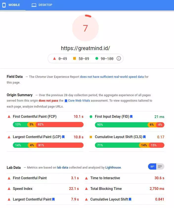 Hasil tes pagespeed